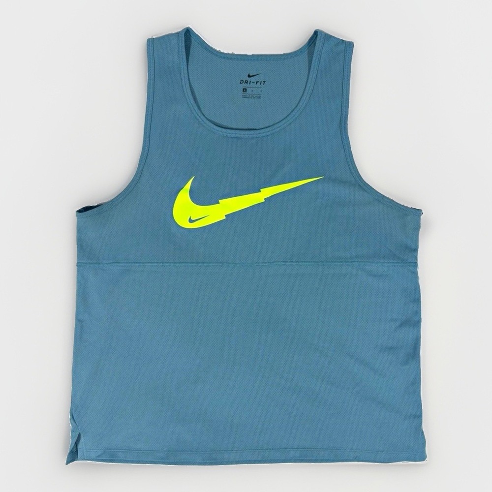 Nike Dri-FIT Men's S Blue Mesh Sleeveless Tank Top Yellow Logo Scoop Neck